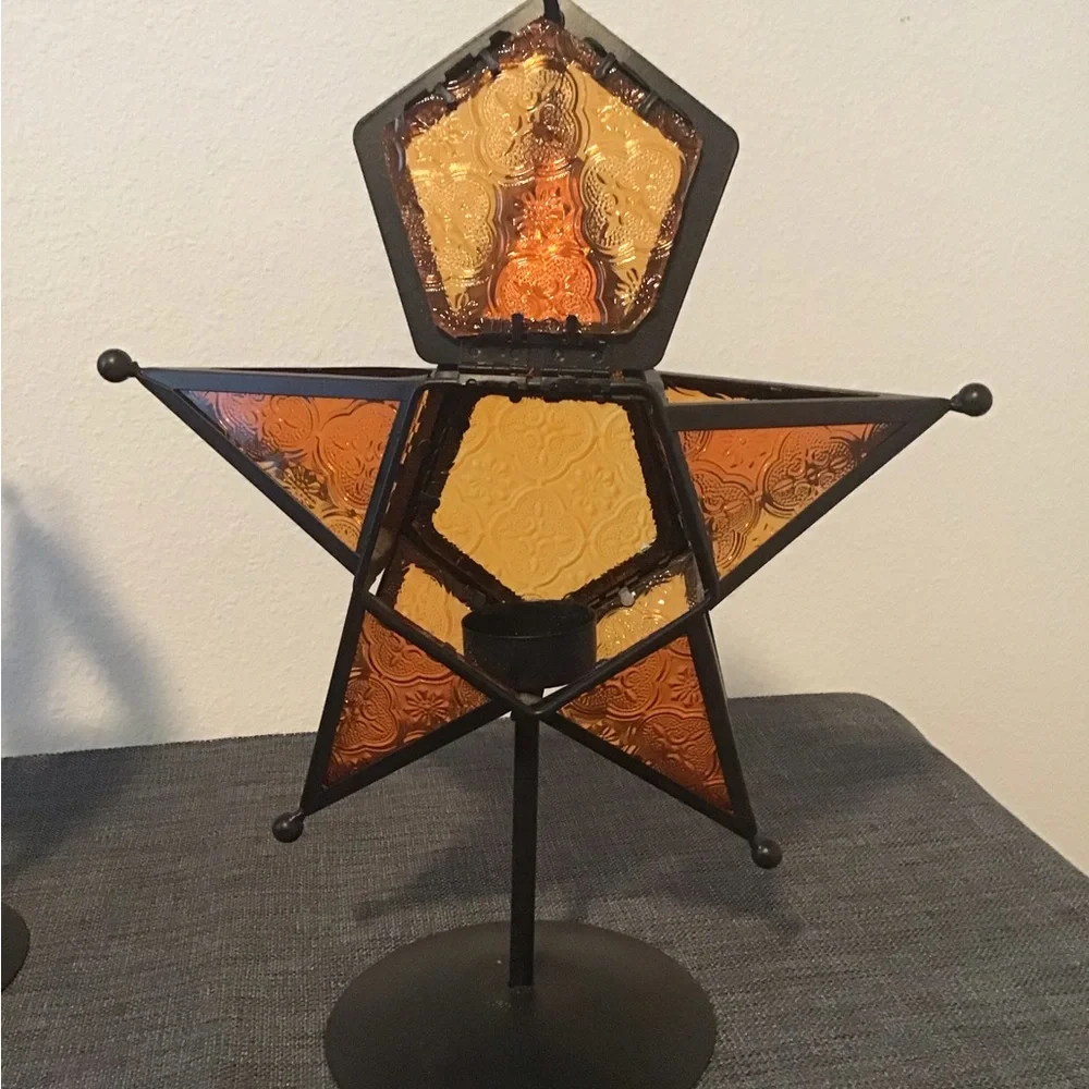 Moravian Stamped Glass Star Shaped Tea Light Candle Holder Set (2) Amber/Orange